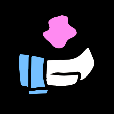 A simplified white hand with a pink blob above it. The hand has blue wristbands.